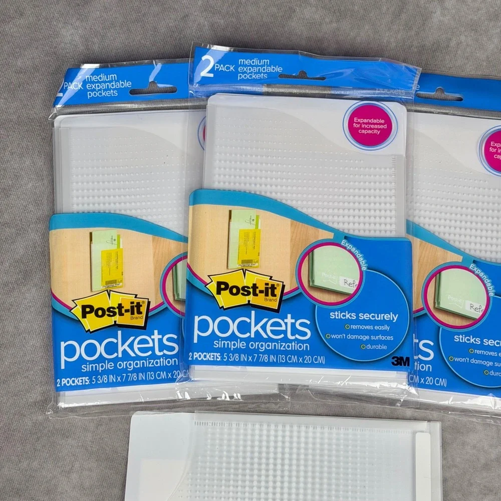 Post-it Pockets Medium Expandable Adhesive Organizer Clear White 7 Pieces NEW